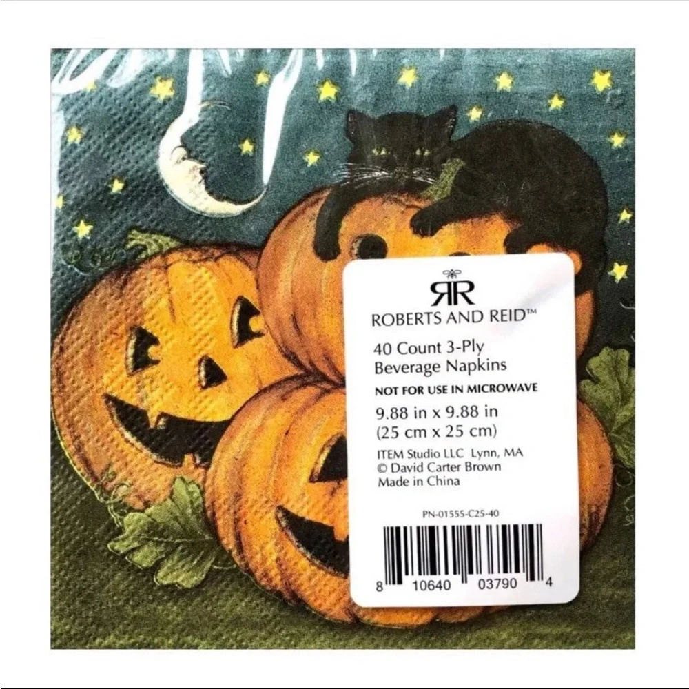 Roberts and Reid Halloween Black Cat Pumpkin Cocktail Beverage Napkins, 40 ct